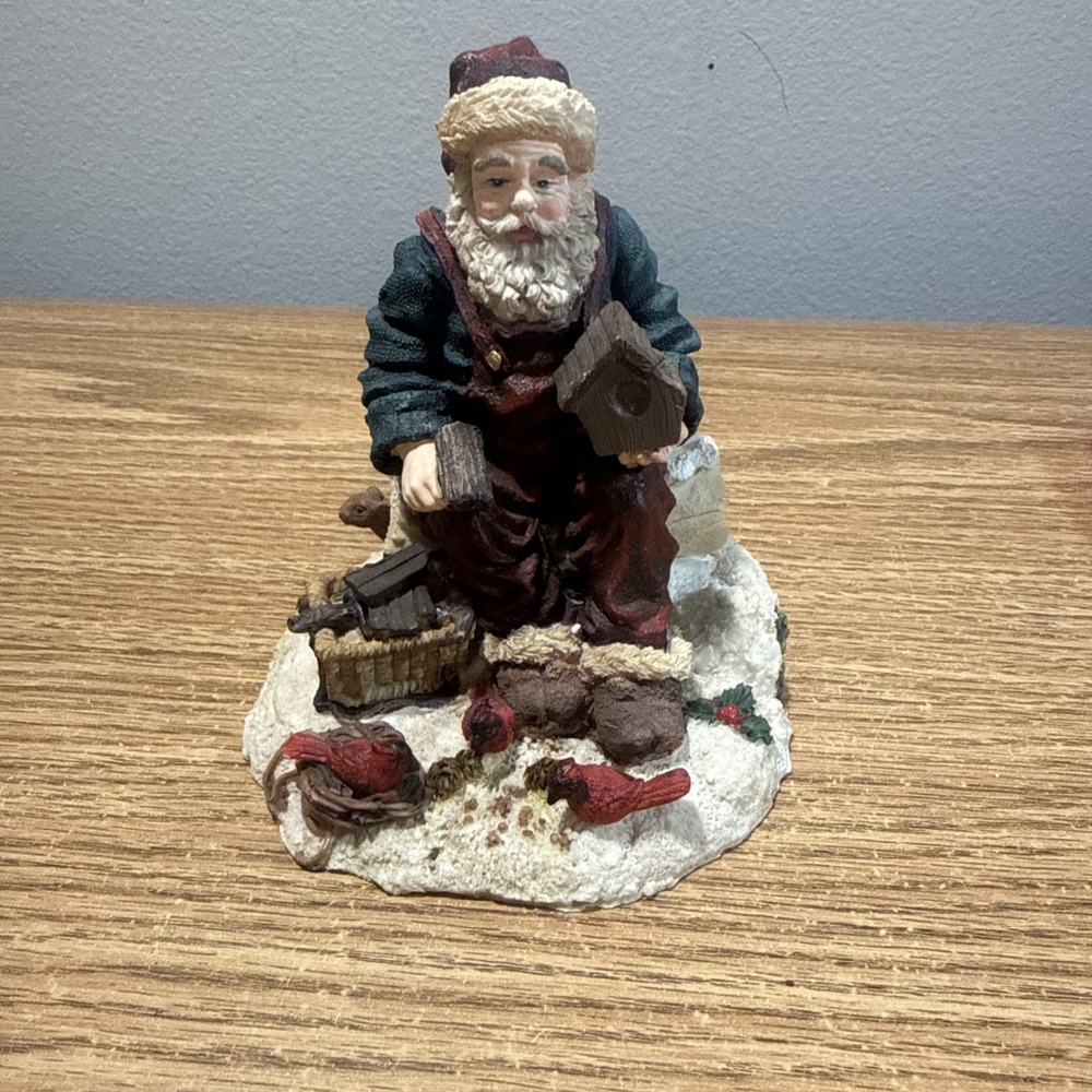 Vintage Santa‎ Clause Figurine on Log Building Bird House Red Birds 4.5" X 5"